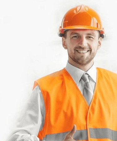Construction contractor in an orange hard hat and hi-vis vest